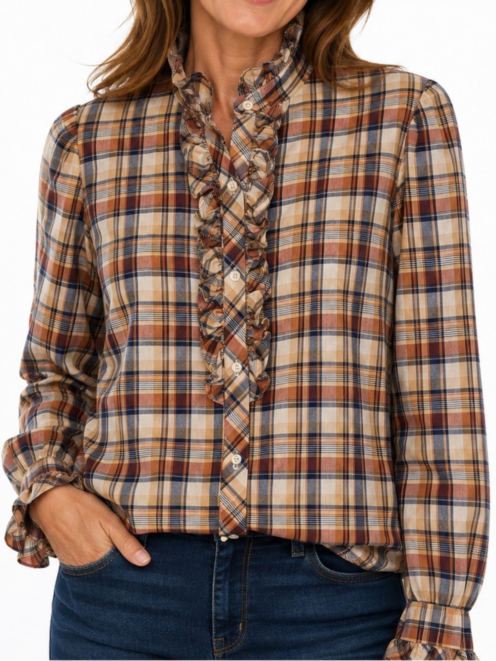 Vintage 70’s Ruffled Plaid Button-Down Shirt - Brown Multi High Neck 12